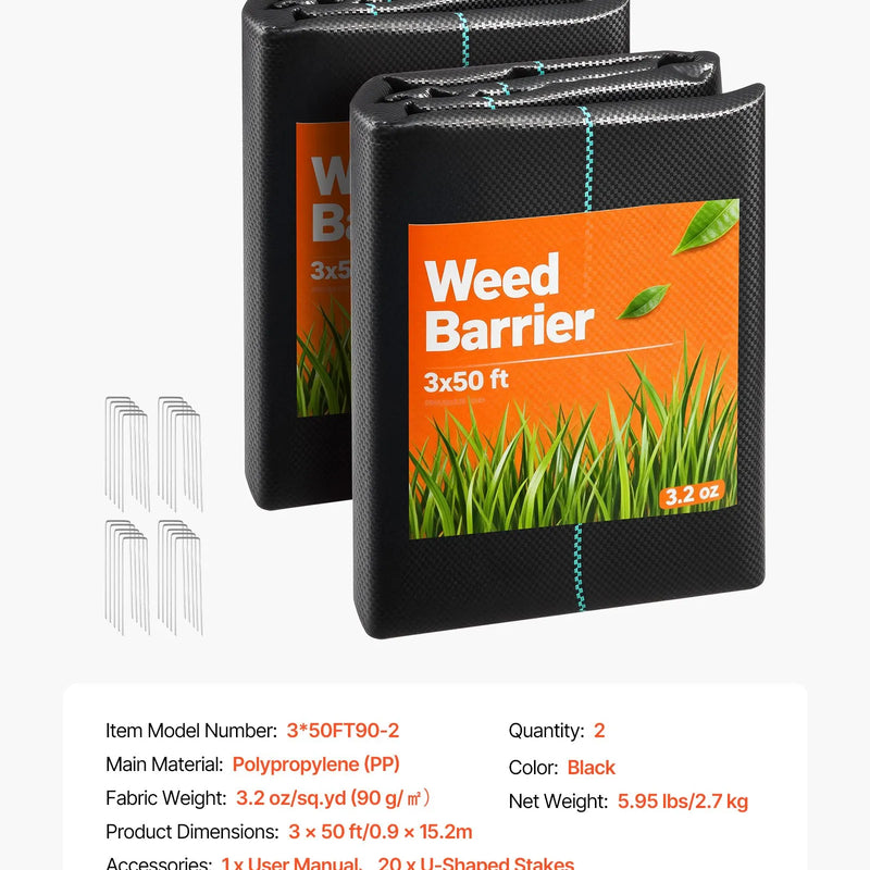 VEVOR pretnezāļu audums 2 gab., 0,9 × 15,2 m, 90,7 g/m², austs ainavu segums, nezāļu kontroles ģeotekstils, dārza seguma paklājs, melns - ZEMLETES.LV