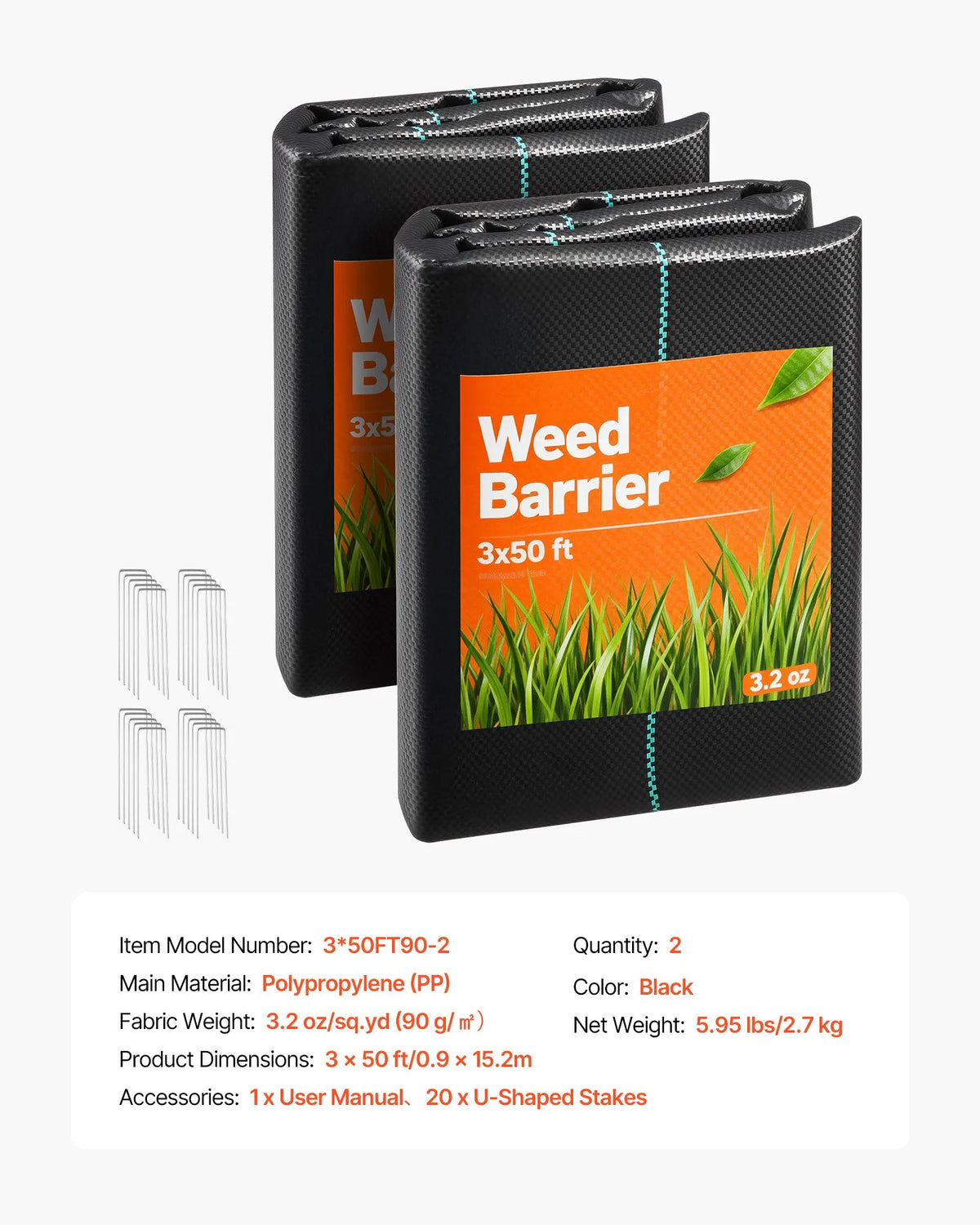VEVOR pretnezāļu audums 2 gab., 0,9 × 15,2 m, 90,7 g/m², austs ainavu segums, nezāļu kontroles ģeotekstils, dārza seguma paklājs, melns - ZEMLETES.LV