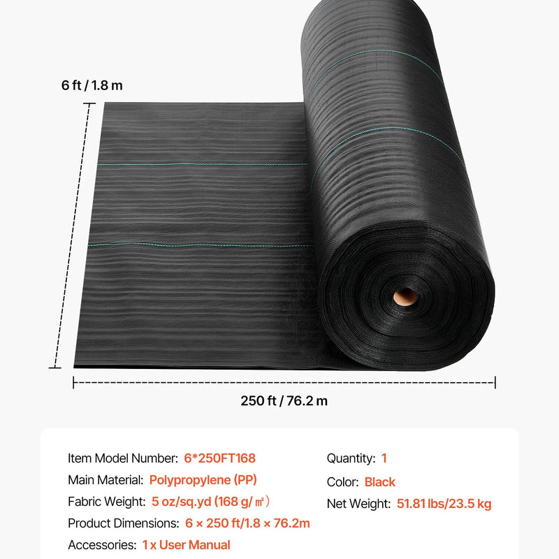 VEVOR nezāļu barjeras audums smagai slodzei, 1,8 x 76,2 m, 141,7 g/m² austs ainavu segums, nezāļu ierobežošanas pārklājums dārzam, ģeotekstila pamatne, melns - ZEMLETES.LV