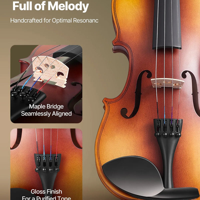 VEVOR vijole, 340 mm izmērs pieaugušajiem, iesācēju komplekts ar cieto futrāli, sveķiem, loci, plecu balstu, tiltiņu, skaņotāju un papildu stīgām, piemērota studentiem, brūnā krāsā