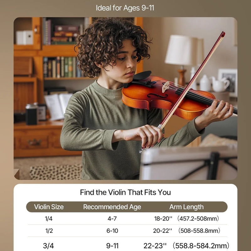 VEVOR vijole, 340 mm izmērs pieaugušajiem, iesācēju komplekts ar cieto futrāli, sveķiem, loci, plecu balstu, tiltiņu, skaņotāju un papildu stīgām, piemērota studentiem, brūnā krāsā