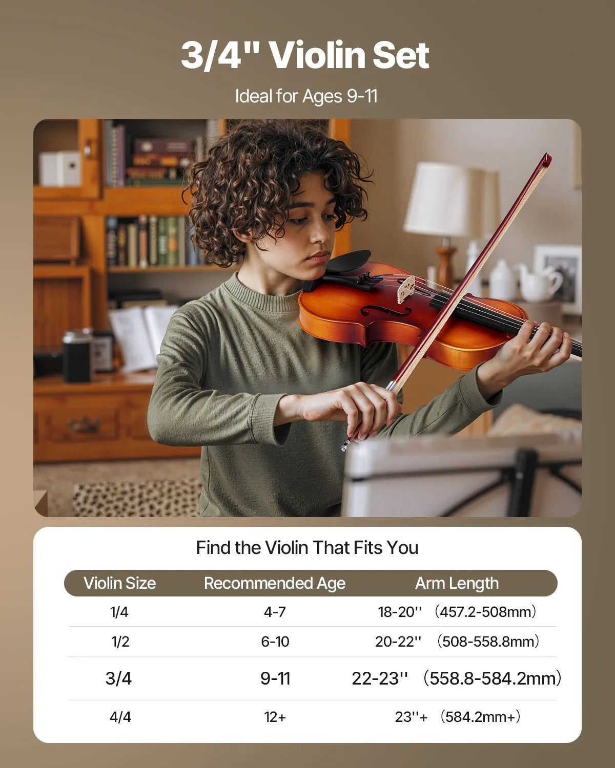 VEVOR Violin 340 mm, Beginner Kit with Hard Case, Bow, Shoulder Rest, Tuner and Strings, Brown