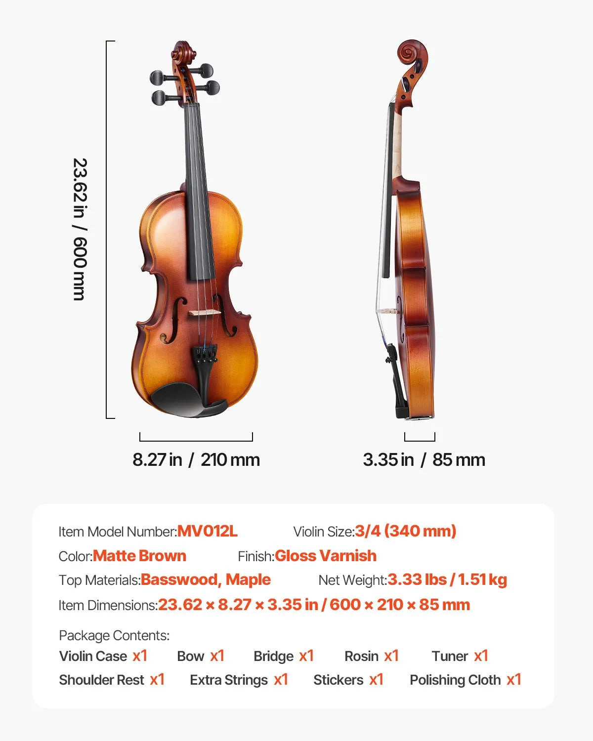 VEVOR Violin 340 mm, Beginner Kit with Hard Case, Bow, Shoulder Rest, Tuner and Strings, Brown