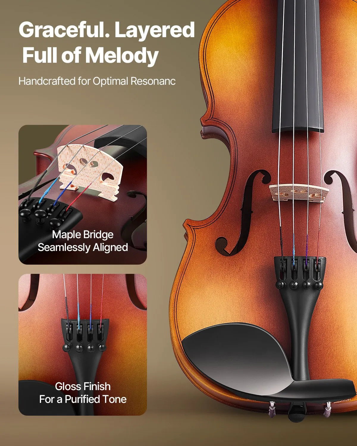 VEVOR Violin 4/4 355 mm Beginner Set with Hard Case, Bow, Shoulder Rest, Tuner and Strings, Brown