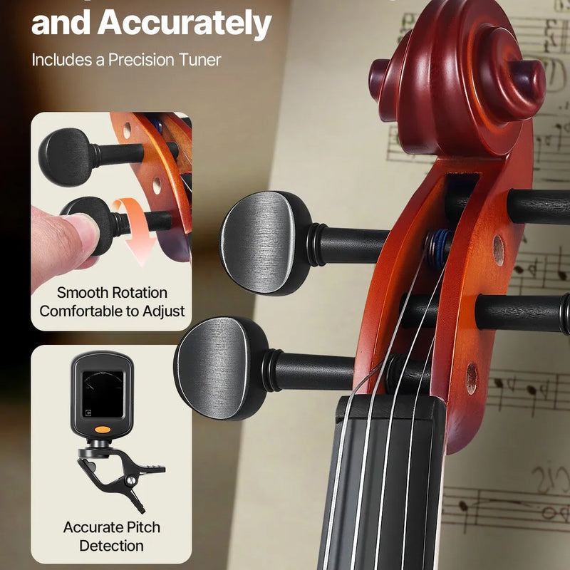 VEVOR 355 mm pilna izmēra vijole pieaugušajiem, iesācēju komplekts ar cieto futrāli, loku, plecu balstu, tiltiņu, sveķiem, skaņotāju un papildu stīgām, profesionāls mūzikas instruments (brūns)