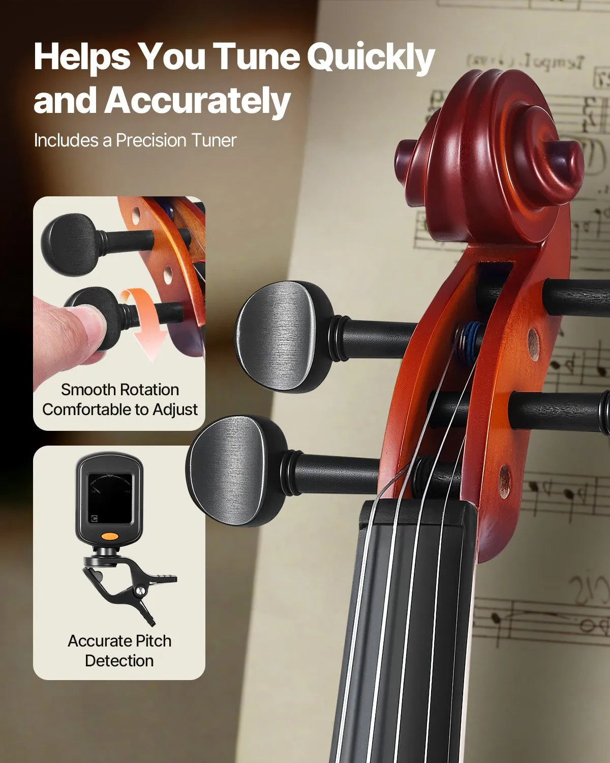 VEVOR Violin 4/4 355 mm Beginner Set with Hard Case, Bow, Shoulder Rest, Tuner and Strings, Brown