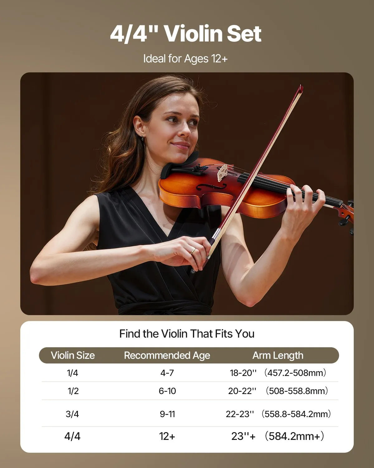 VEVOR Violin 4/4 355 mm Beginner Set with Hard Case, Bow, Shoulder Rest, Tuner and Strings, Brown