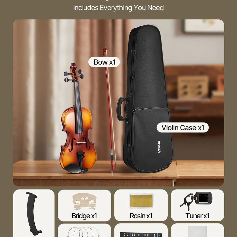 VEVOR 355 mm pilna izmēra vijole pieaugušajiem, iesācēju komplekts ar cieto futrāli, loku, plecu balstu, tiltiņu, sveķiem, skaņotāju un papildu stīgām, profesionāls mūzikas instruments (brūns)