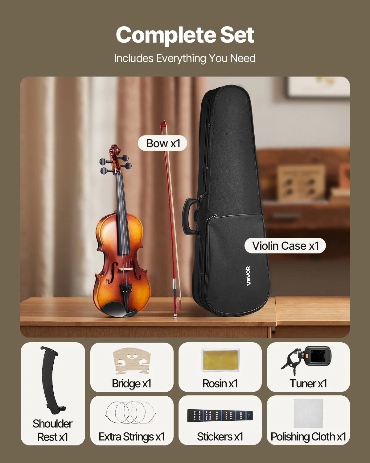 VEVOR Violin 4/4 355 mm Beginner Set with Hard Case, Bow, Shoulder Rest, Tuner and Strings, Brown