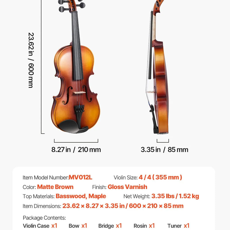 VEVOR 355 mm pilna izmēra vijole pieaugušajiem, iesācēju komplekts ar cieto futrāli, loku, plecu balstu, tiltiņu, sveķiem, skaņotāju un papildu stīgām, profesionāls mūzikas instruments (brūns)