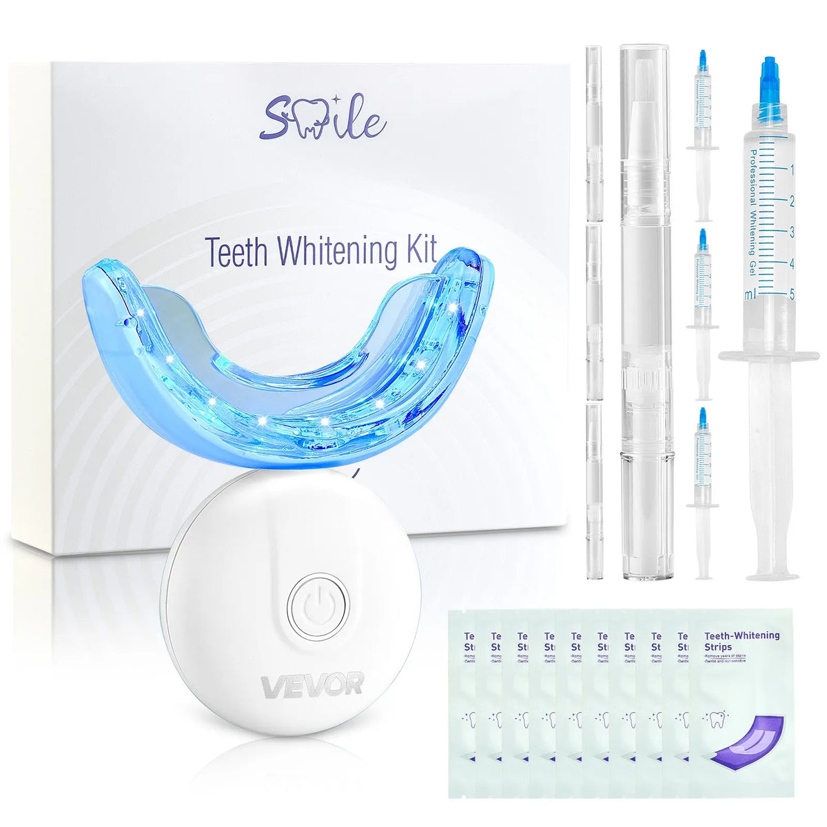 VEVOR Teeth Whitening Kit with LED Light, 32 LED Accelerator Light, Whitening Strips, Pens and Gel Syringes, U-shaped Tips, Portable Wireless Kit for Fast and Effective Stubborn Stain Removal