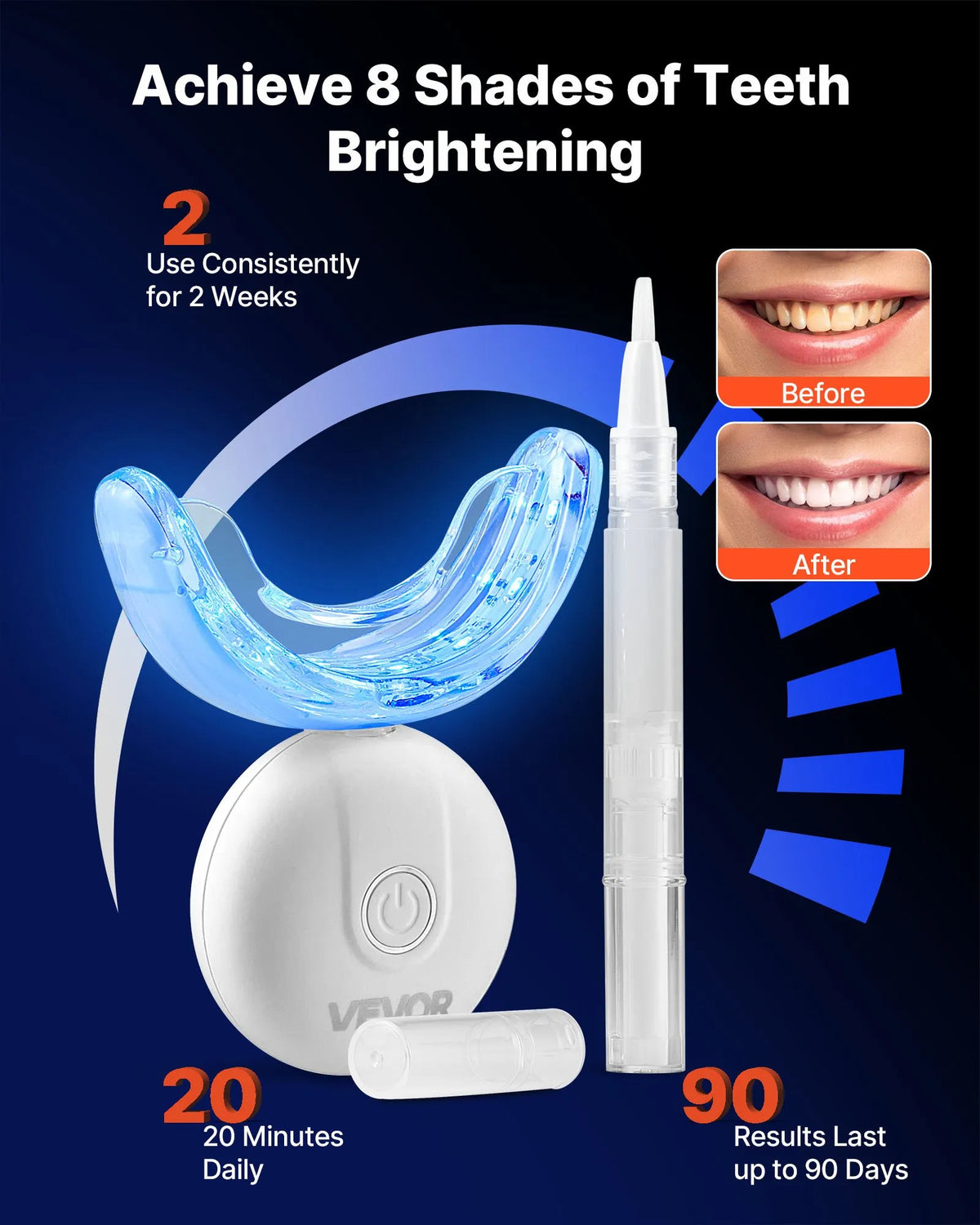 VEVOR Teeth Whitening Kit with LED Light, 32 LED Accelerator Light, Whitening Strips, Pens and Gel Syringes, U-shaped Tips, Portable Wireless Kit for Fast and Effective Stubborn Stain Removal