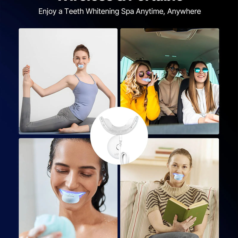 VEVOR zobu balināšanas komplekts ar LED gaismu, 32 LED paātrinātājgaismas, balināšanas sloksnēm, pildspalvām un gēla šļircēm, U veida uzgali, pārnēsājams bezvadu komplekts noturīgu traipu ātrai un efektīvai noņemšanai