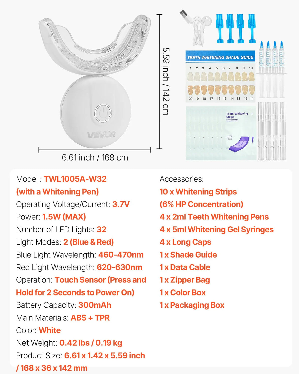 VEVOR Teeth Whitening Kit with LED Light, 32 LED Accelerator Light, Whitening Strips, Pens and Gel Syringes, U-shaped Tips, Portable Wireless Kit for Fast and Effective Stubborn Stain Removal