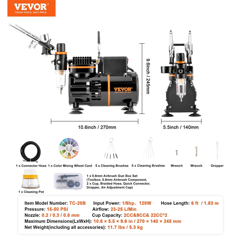 VEVOR aerogrāfa komplekts ar dubultā ventilatora kompresoru un 3 aerogrāfiem, profesionāla aerogrāfijas sistēma ar turētāju, krāsu sajaukšanas apli un tīrīšanas komplektu, piemērota nagu dizainam, grimam, kūkām un mākslas darbiem - ZEMLETES.LV