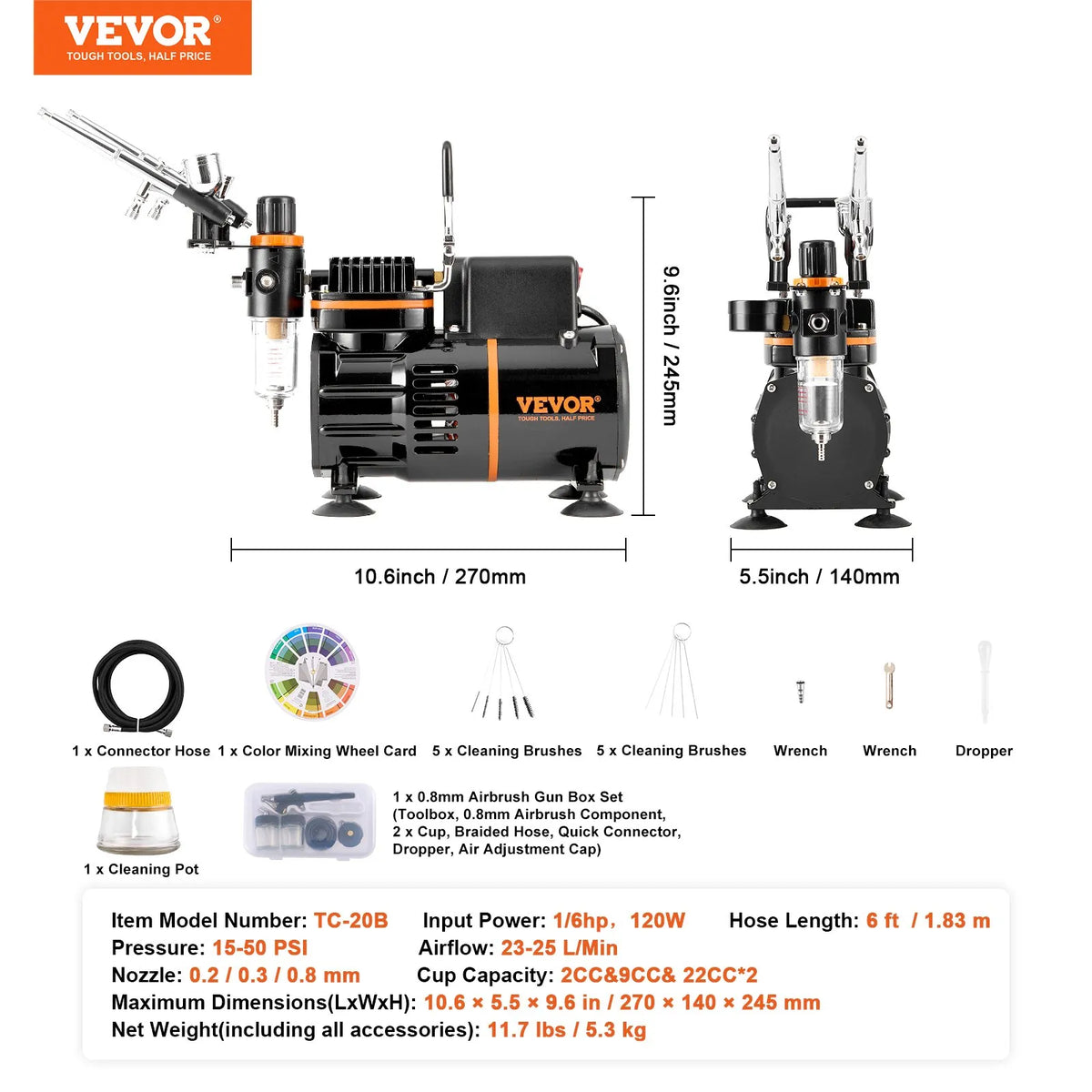 VEVOR aerogrāfa komplekts ar dubultā ventilatora kompresoru un 3 aerogrāfiem, profesionāla aerogrāfijas sistēma ar turētāju, krāsu sajaukšanas apli un tīrīšanas komplektu, piemērota nagu dizainam, grimam, kūkām un mākslas darbiem - ZEMLETES.LV