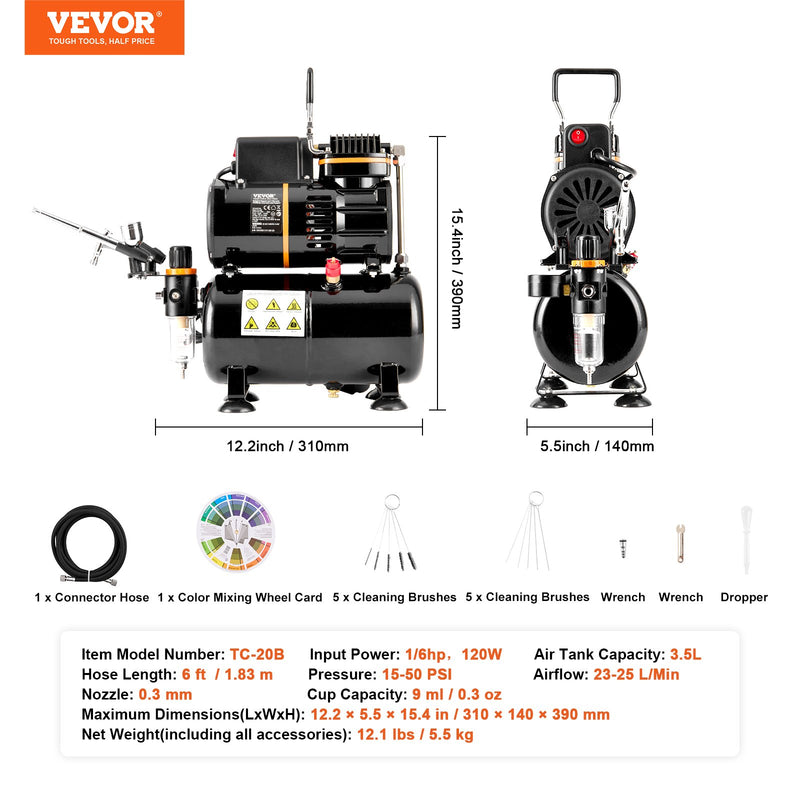 VEVOR Airbrush krāsošanas komplekts ar divu ventilatoru gaisa tvertnes kompresora sistēmu un 3,5L gaisa tvertni