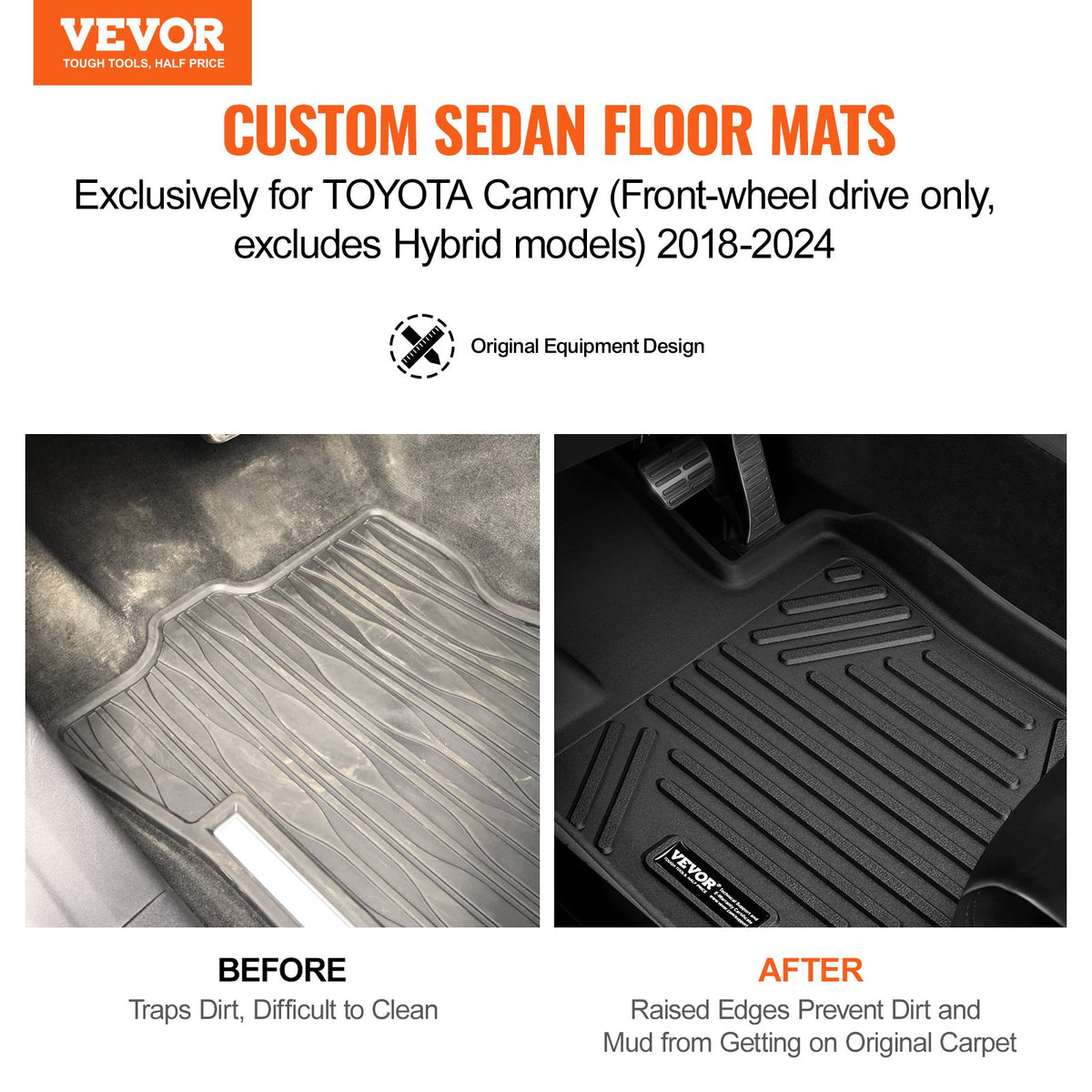 VEVOR Car Floor Mats for Toyota Camry (2018–2024), 3 pcs, TPE