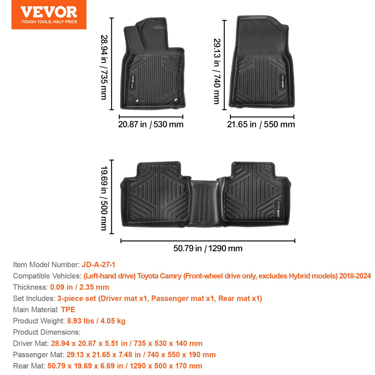VEVOR Car Floor Mats for Toyota Camry (2018–2024), 3 pcs, TPE