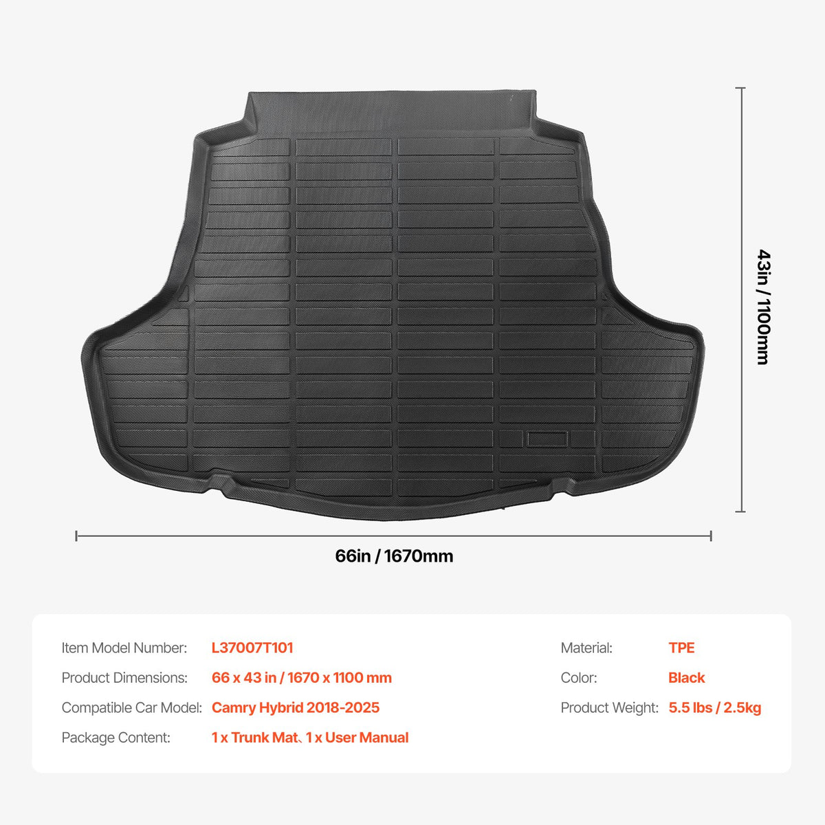 VEVOR All-Weather Cargo Mat, TPE Material, Custom Fit for Toyota Camry 2018-2025 Hybrid