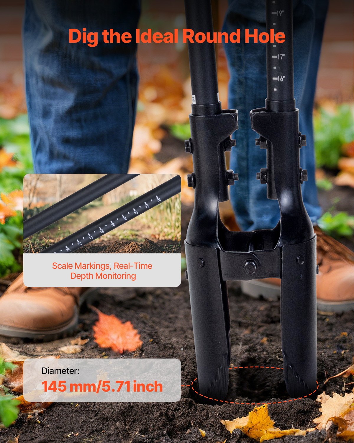 VEVOR cauruma rakšanas lāpsta ar stiklašķiedras kātu un mēroga atzīmēm, 1460 mm