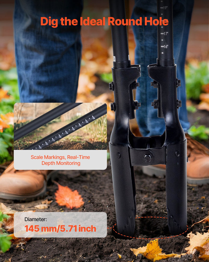 VEVOR cauruma rakšanas lāpsta ar stiklašķiedras kātu un mēroga atzīmēm, 1460 mm