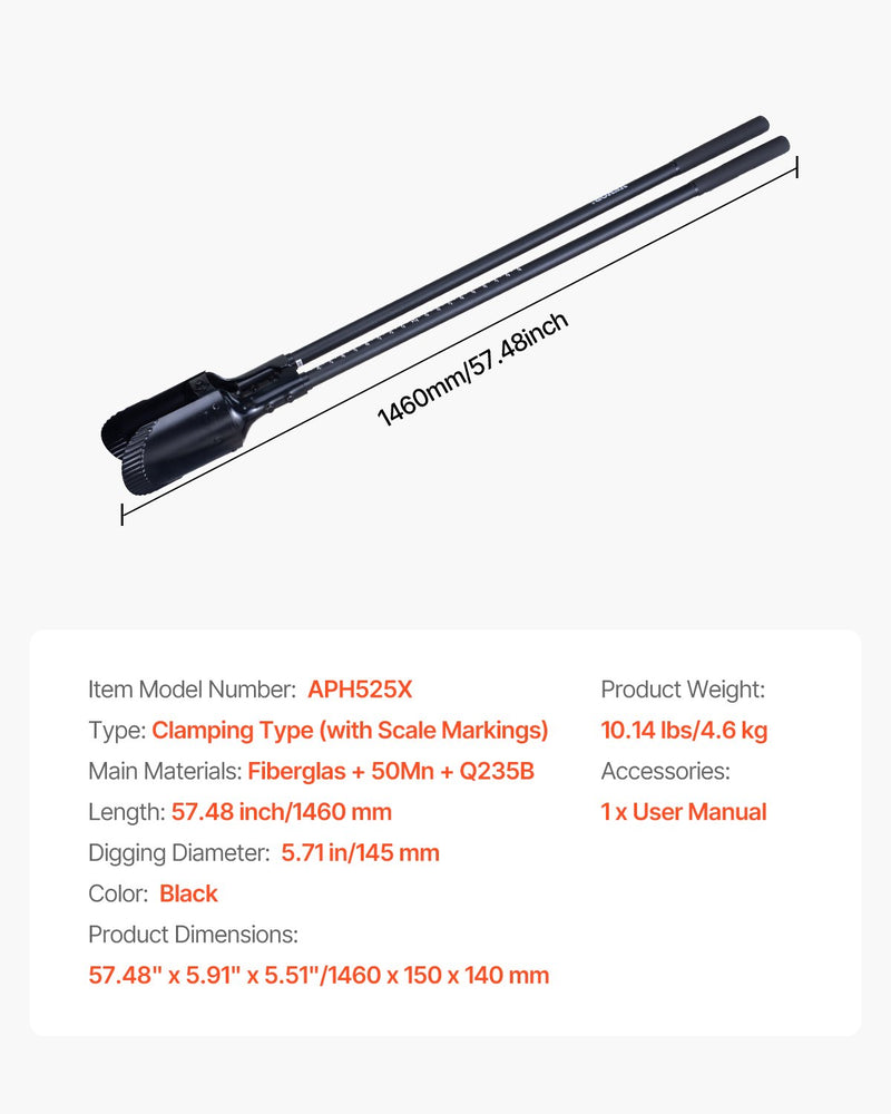 VEVOR cauruma rakšanas lāpsta ar stiklašķiedras kātu un mēroga atzīmēm, 1460 mm