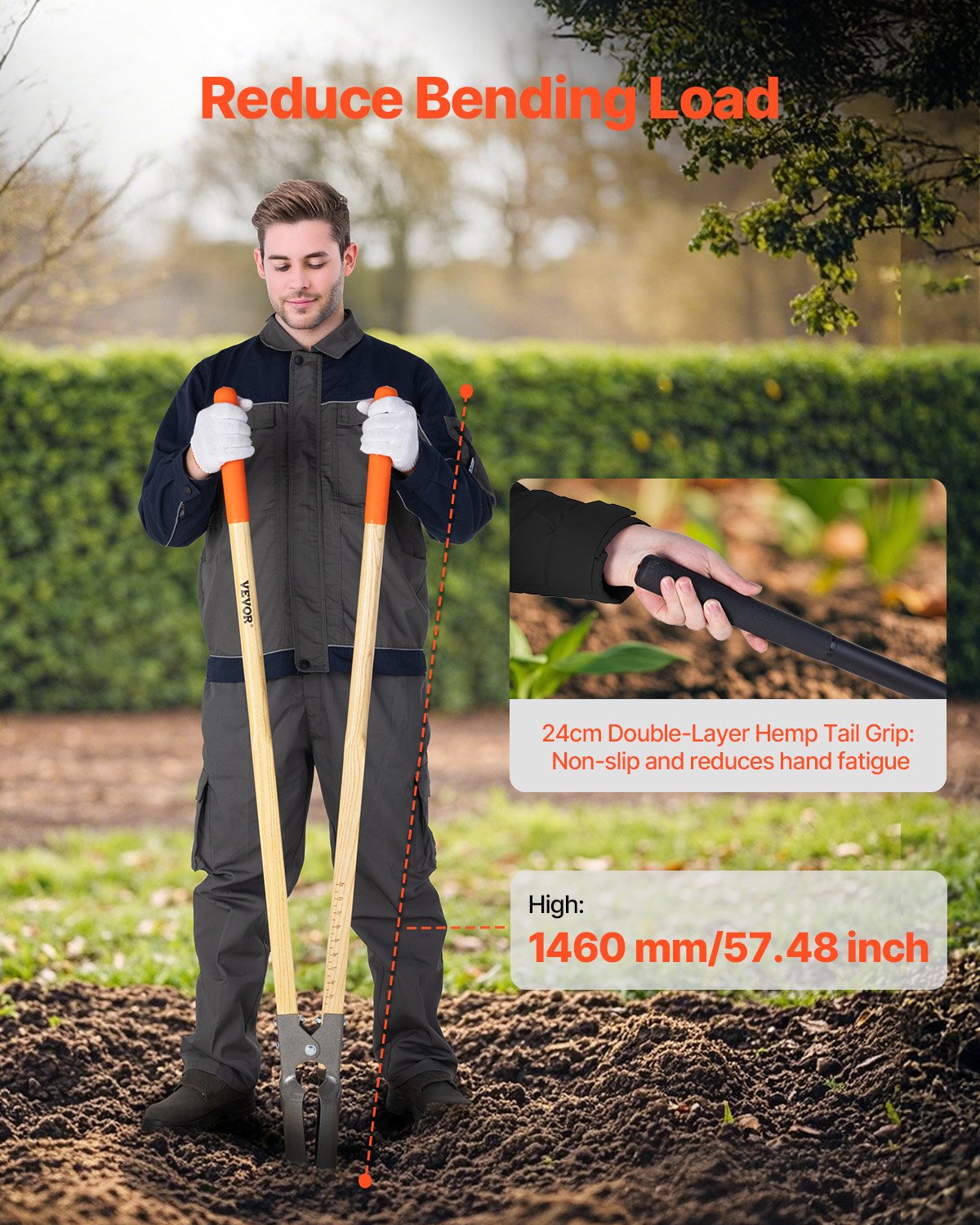VEVOR caurumu rakšanas instruments ar koka rokturi un mērogu atzīmēm, 146 cm caurumu rakšanas instruments