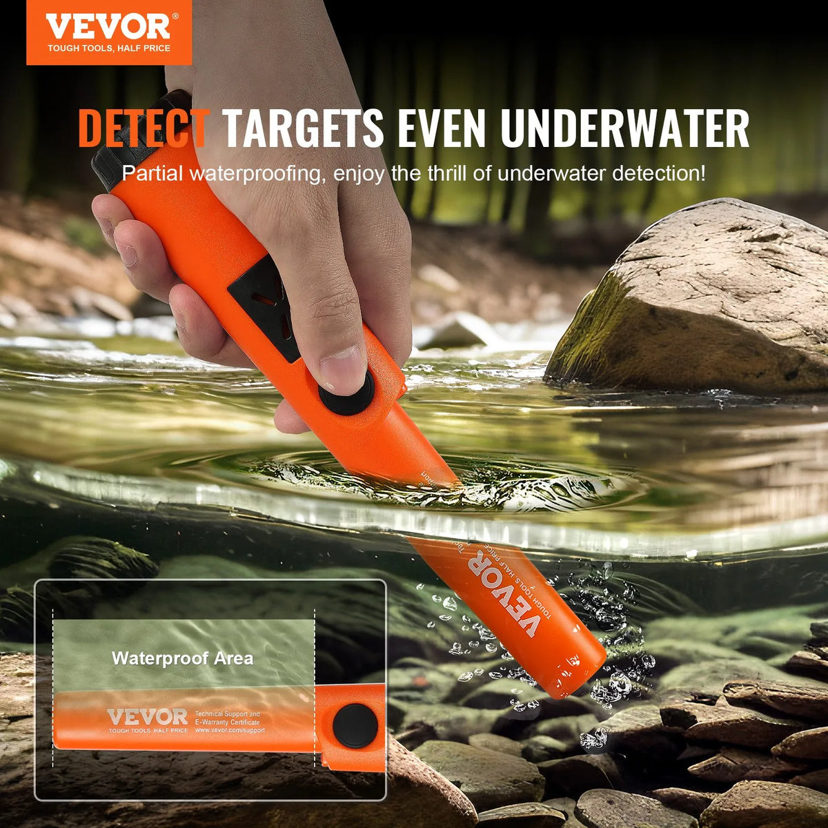 Metal Detector Precision Probe, Semi-Waterproof Handheld Device with 50 mm Detection Depth, 3 Operating Modes, Treasure Hunting Probe with Pouch, Waterproof Bag and 9 V Battery, Suitable for Adults and Children