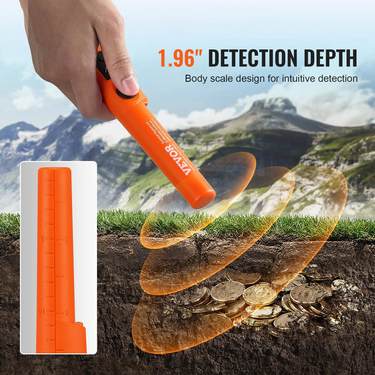 Metal Detector Precision Probe, Semi-Waterproof Handheld Device with 50 mm Detection Depth, 3 Operating Modes, Treasure Hunting Probe with Pouch, Waterproof Bag and 9 V Battery, Suitable for Adults and Children