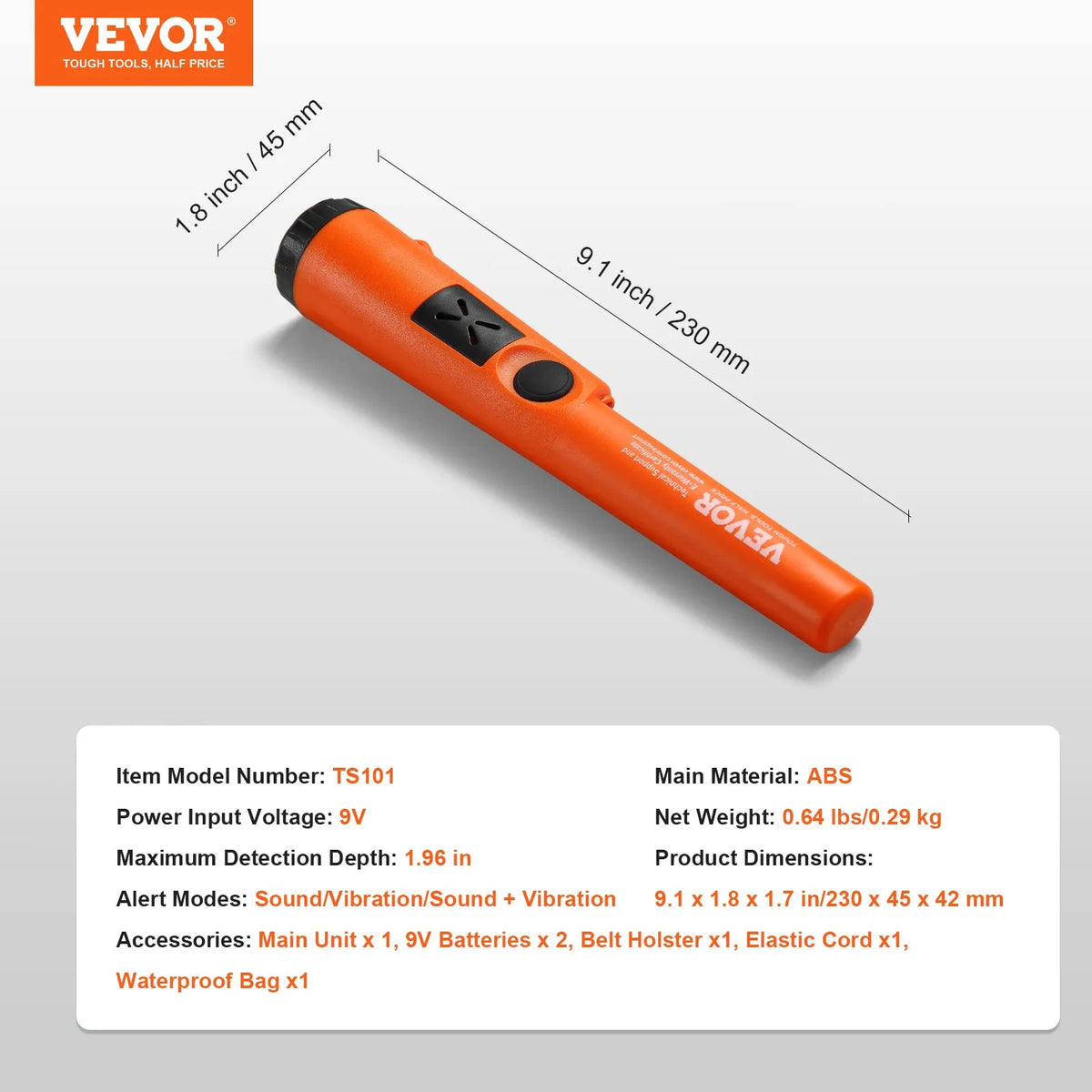 Metal Detector Precision Probe, Semi-Waterproof Handheld Device with 50 mm Detection Depth, 3 Operating Modes, Treasure Hunting Probe with Pouch, Waterproof Bag and 9 V Battery, Suitable for Adults and Children