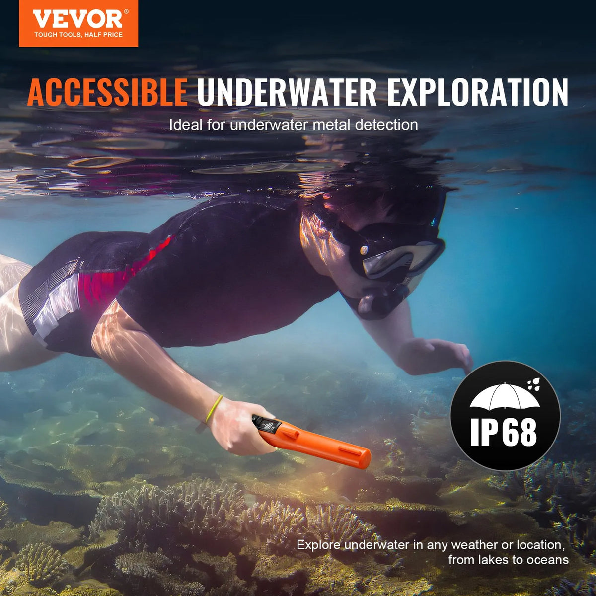 Metal Detector Precision Probe, IP68 Fully Waterproof Handheld Device with LCD Screen, 114 mm Detection Depth, 3 Operating Modes, Designed for Treasure Hunting, Includes Carrying Case and 9 V Battery, Suitable for Adults and Children