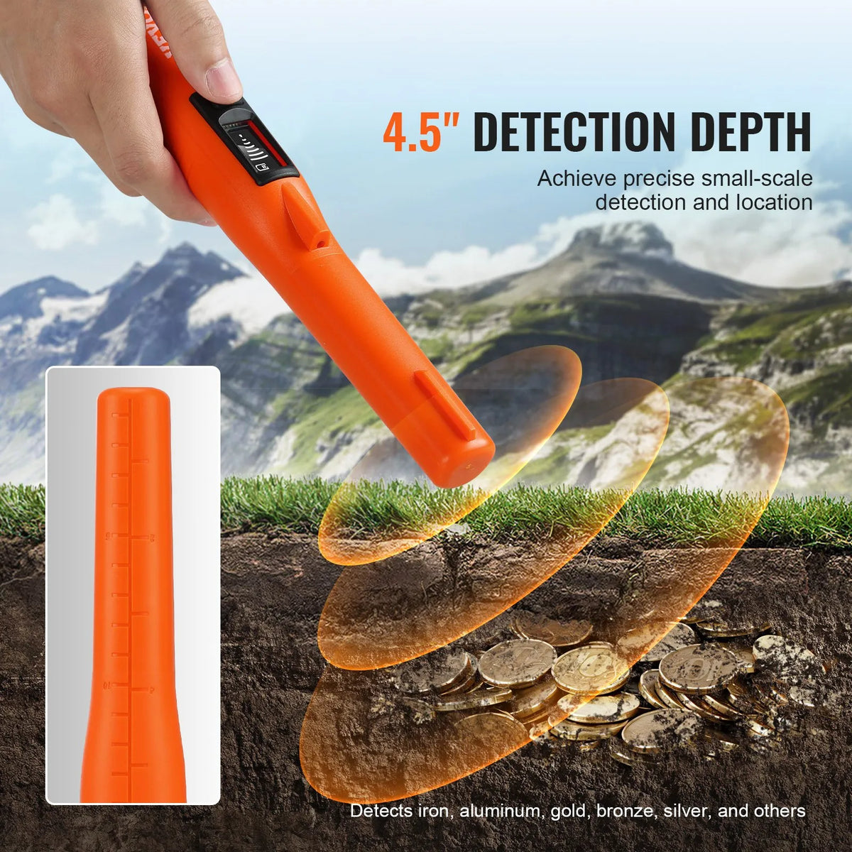 Metal Detector Precision Probe, IP68 Fully Waterproof Handheld Device with LCD Screen, 114 mm Detection Depth, 3 Operating Modes, Designed for Treasure Hunting, Includes Carrying Case and 9 V Battery, Suitable for Adults and Children