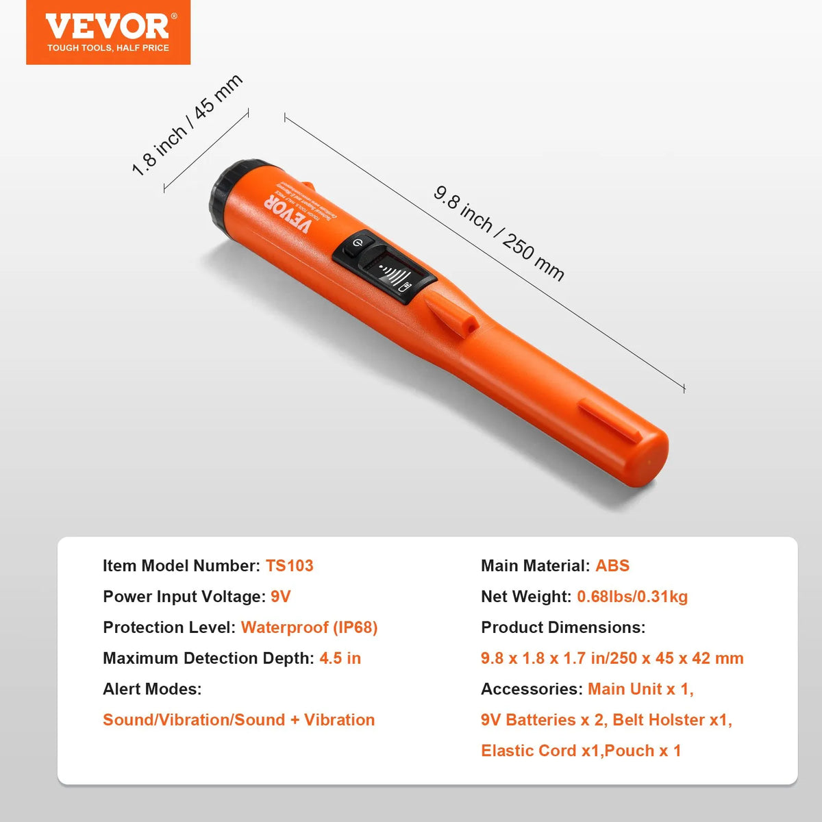 Metal Detector Precision Probe, IP68 Fully Waterproof Handheld Device with LCD Screen, 114 mm Detection Depth, 3 Operating Modes, Designed for Treasure Hunting, Includes Carrying Case and 9 V Battery, Suitable for Adults and Children