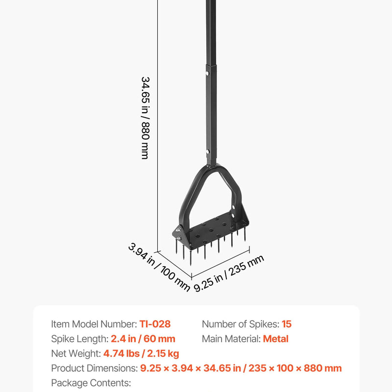 VEVOR manuāls zāliena aerators 234 mm ar 15 dzelzs tapām, zāliena aerācijas instruments ar garu rokturi un platu plāksni sablīvētai augsnei un zālieniem - ZEMLETES.LV