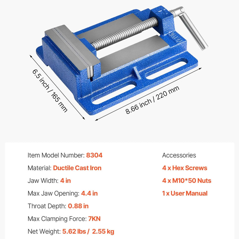 VEVOR urbjpreses skrūvspīles ar 102 mm žokļu platumu, pārnēsājamas darbagalda skrūvspīles ar rievotu pamatni vieglai uzstādīšanai, izturīgs čuguna korpuss, piemērotas kokapstrādei, metālapstrādei, urbšanai un griešanai