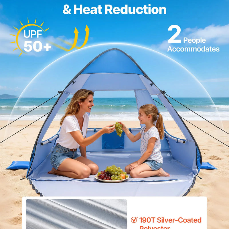 VEVOR pludmales telts nojume 2 personām ar UPF 50+ aizsardzību, pārnēsājama saules nojume ar pārnēsāšanas somu un smilšu kabatām, viegla un ātri uzstādāma, piemērota kempingam, makšķerēšanai un piknikiem brīvā dabā