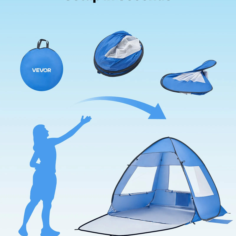 VEVOR pludmales telts nojume 2 personām ar UPF 50+ aizsardzību, pārnēsājama saules nojume ar pārnēsāšanas somu un smilšu kabatām, viegla un ātri uzstādāma, piemērota kempingam, makšķerēšanai un piknikiem brīvā dabā
