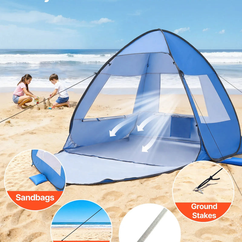 VEVOR pludmales telts nojume 2 personām ar UPF 50+ aizsardzību, pārnēsājama saules nojume ar pārnēsāšanas somu un smilšu kabatām, viegla un ātri uzstādāma, piemērota kempingam, makšķerēšanai un piknikiem brīvā dabā
