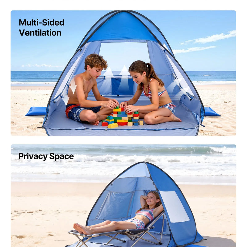 VEVOR pludmales telts nojume 2 personām ar UPF 50+ aizsardzību, pārnēsājama saules nojume ar pārnēsāšanas somu un smilšu kabatām, viegla un ātri uzstādāma, piemērota kempingam, makšķerēšanai un piknikiem brīvā dabā
