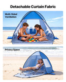 VEVOR pludmales telts nojume 2 personām ar UPF 50+ aizsardzību, pārnēsājama saules nojume ar pārnēsāšanas somu un smilšu kabatām, viegla un ātri uzstādāma, piemērota kempingam, makšķerēšanai un piknikiem brīvā dabā