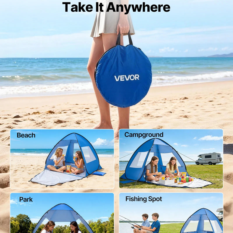 VEVOR pludmales telts nojume 2 personām ar UPF 50+ aizsardzību, pārnēsājama saules nojume ar pārnēsāšanas somu un smilšu kabatām, viegla un ātri uzstādāma, piemērota kempingam, makšķerēšanai un piknikiem brīvā dabā