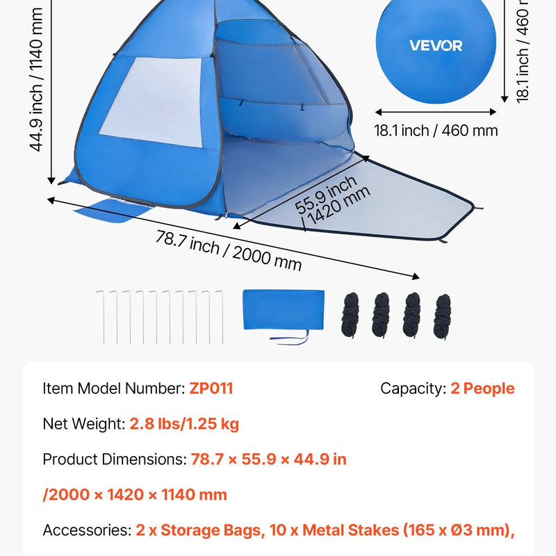 VEVOR pludmales telts nojume 2 personām ar UPF 50+ aizsardzību, pārnēsājama saules nojume ar pārnēsāšanas somu un smilšu kabatām, viegla un ātri uzstādāma, piemērota kempingam, makšķerēšanai un piknikiem brīvā dabā