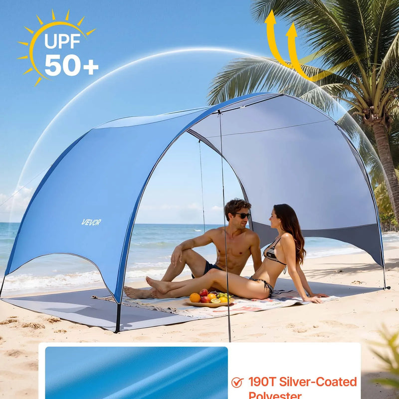 VEVOR pludmales telts nojume 4 personām ar UPF 50+ aizsardzību, pārnēsājama saules nojume ar pārnēsāšanas somu un zemes mietiem, viegla un ātri uzstādāma, piemērota kempingam, makšķerēšanai un piknikiem brīvā dabā