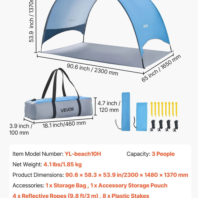 VEVOR pludmales telts nojume 3 personām ar UPF 50+ aizsardzību, pārnēsājama saules nojume ar pārnēsāšanas somu un zemes mietiem, viegla un ātri uzstādāma, piemērota kempingam, makšķerēšanai un piknikiem brīvā dabā