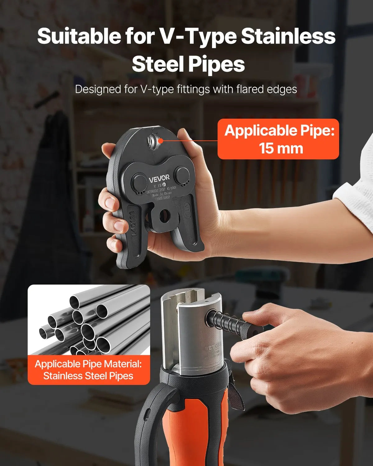 VEVOR V15 Press Fitting, 15 mm, for V-type Stainless Steel Tubes, Made from High-Strength Hardened Steel, Compatible with Standard Press Tools