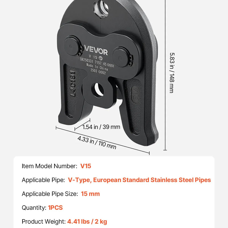 V15 presēšanas uzgalis 15 mm, piemērots V tipa nerūsējošā tērauda caurulēm