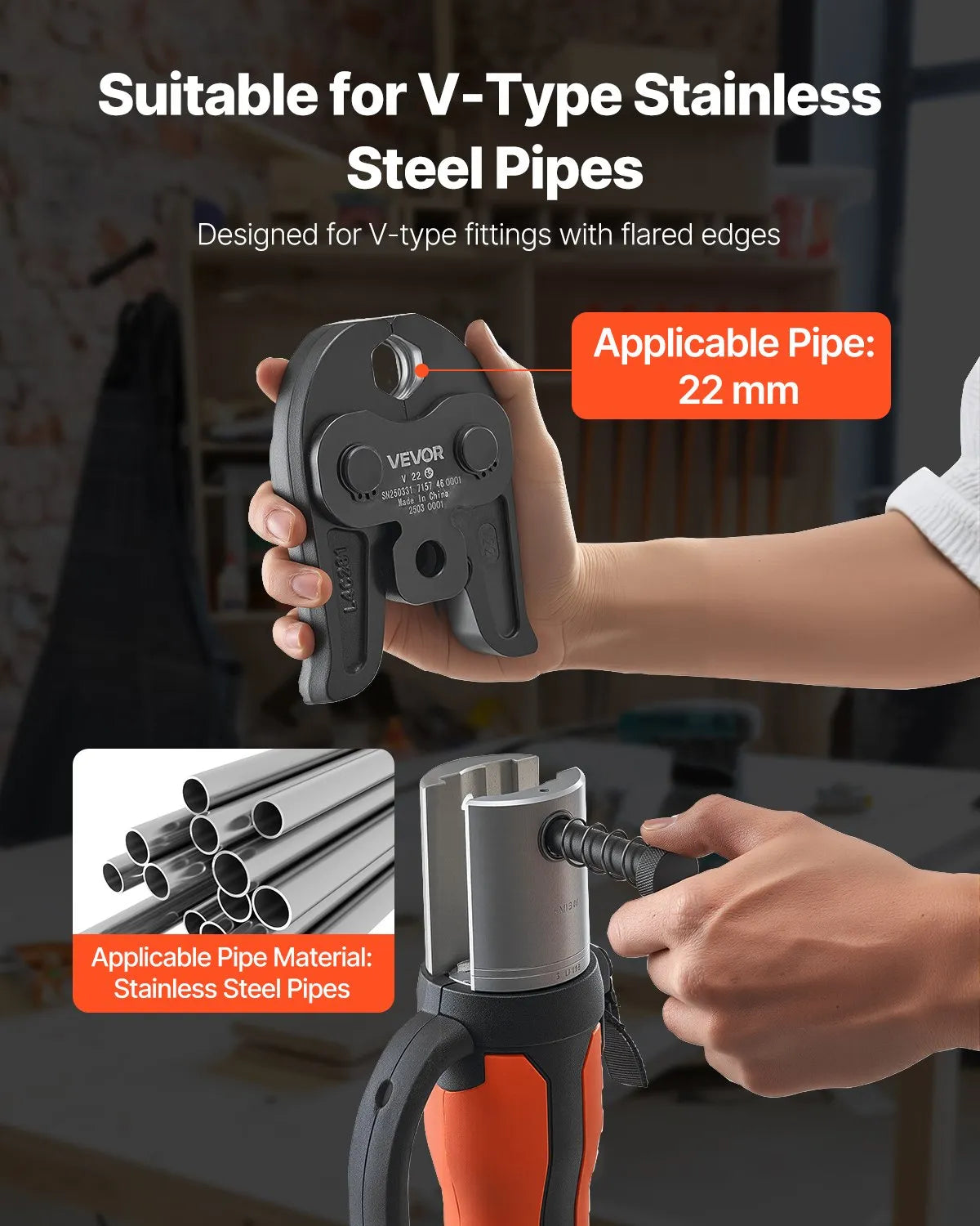VEVOR Press Fitting V22, 22 mm, for V-type Stainless Steel Pipes, Made from High-Strength Hardened Steel, Compatible with Standard Press Tools