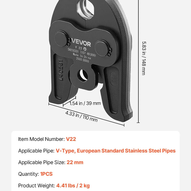 V22 presēšanas uzgalis 22 mm, piemērots V tipa nerūsējošā tērauda caurulēm