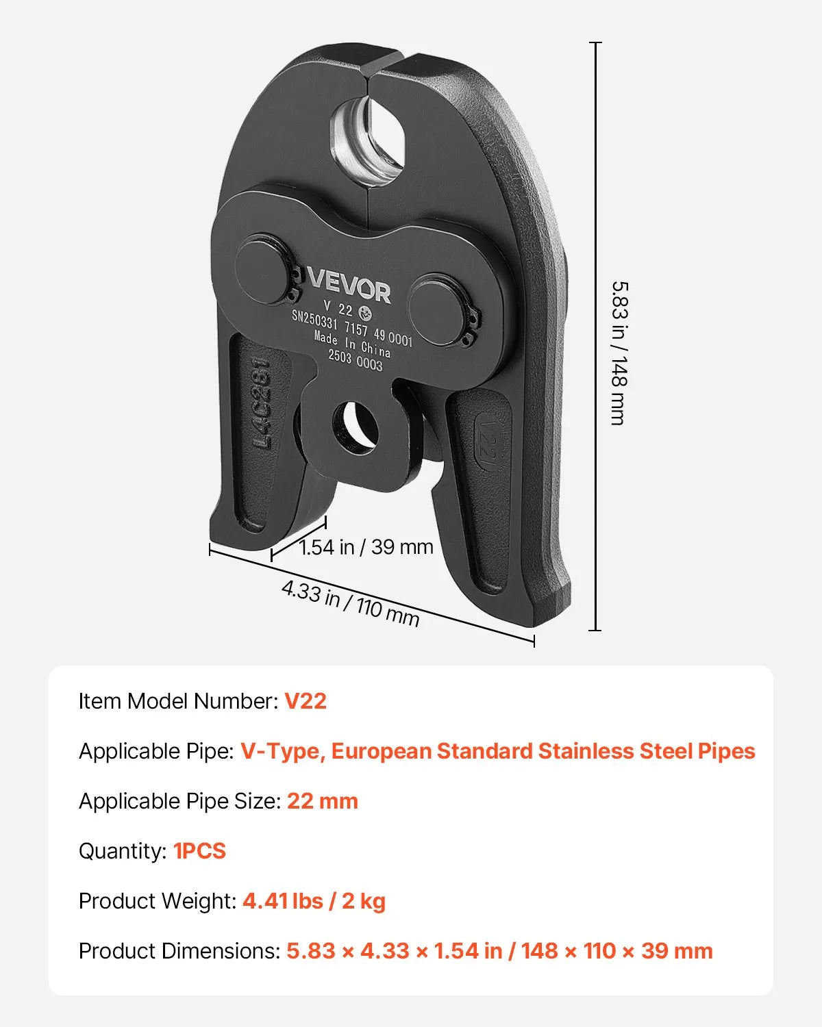 VEVOR Press Fitting V22, 22 mm, for V-type Stainless Steel Pipes, Made from High-Strength Hardened Steel, Compatible with Standard Press Tools
